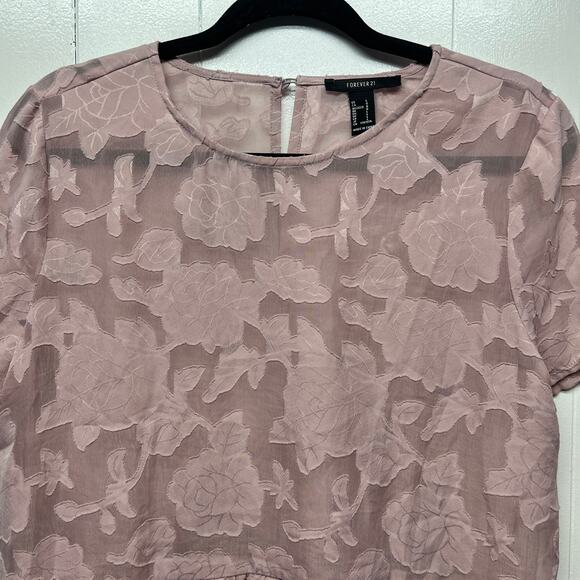 Forever 21 Pink Peplum Hem Short Sleeve Sheer Top Womens Sz Large Fairy Prairie - Picture 3 of 10
